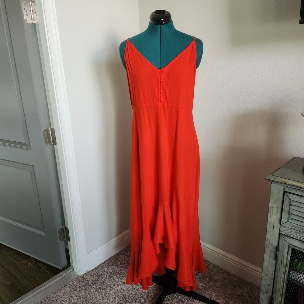 VTG XIX Palms Maxi Dress Womens Large Red High Low Ruffle Hem Spaghetti Straps